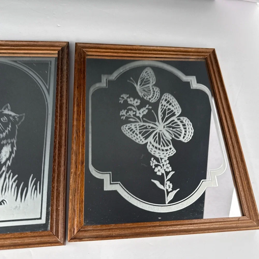 Lot Of 2‎ Vintage Cat Mirror Etched Glass Flowers And Butterfly Wood Framed